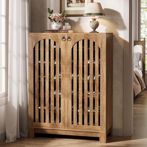 Tribesigns Shoe Cabinet with Slatted Doors, 6-Tier Entryway Shoe Storage Rack Organizer with Adjustable Shelves for Living Room, Bedroom, Oak Tribesigns