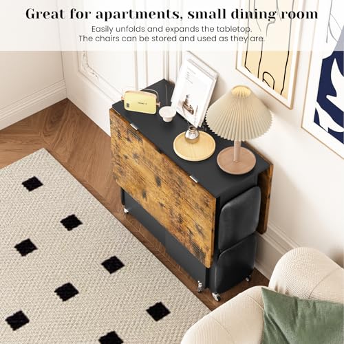 furlinkhm Folding Dining Table Set for 4, Dinner Table with 4 Leather Chairs and Shelves, Space Saving Foldable Dining Table with 6 Wheels, Kitchen Table for Small Spaces (Brown+Black) furlinkhm