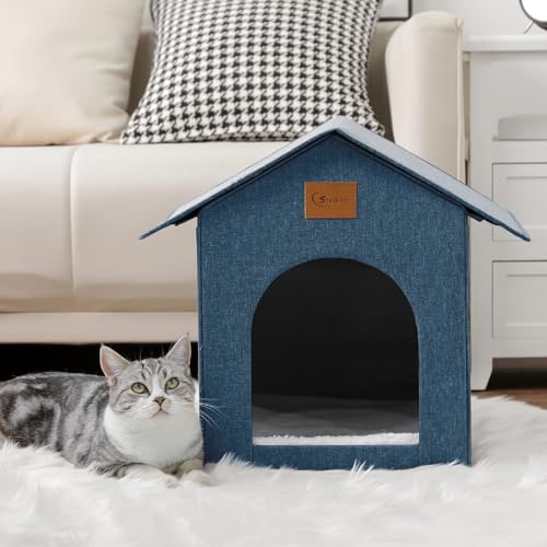Outdoor Cat House, Outdoor Cat Shelter Feral Cat, Outside Waterproof Cat House for Outdoor/Indoor Cats, Insulated Cat House for Winter with Cozy Cushion, Easy to Assemble, Navy Blue Siedihit