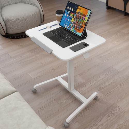 PUNCIA 90°Tiltable Small Standing Desk with Stoppers Mobile Rolling Laptop Table on Wheels Pneumatic Adjustable Height Computer Workstation Stand Up Cart Bedside Overbed Table for Home Office White PUNCIA