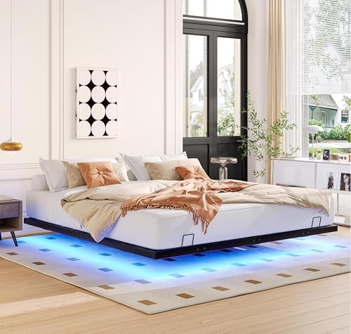 Anwick King Size Floating Bed Frame, Metal Platform Bed, with LED Light,Without Headboard Design, No Box Spring Needed, Noise-Free, Easy Assembly Anwick