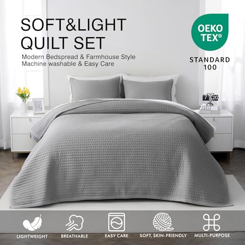 Twin Quilt Set – 68"x86" Soft Washed 3-Layer Lightweight Bedspread with Multi-Lock Quilting, Minimalist Nordic Bedding, All-Season Quilt for Spring, Summer & Fall (1 Quilt + 2 Pillow Shams), Grey DAWNDIOR