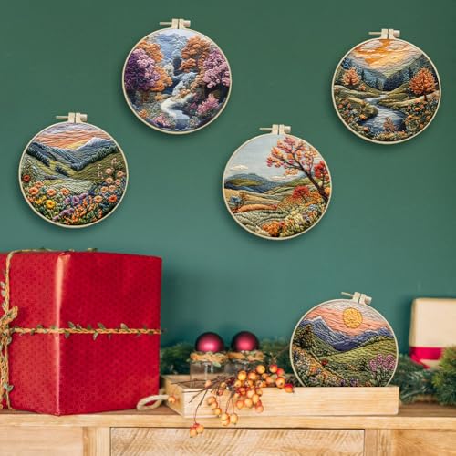Eforcase Embroidery Starter Kit for Adult Beginner with Landscape Tree Mountain River Floral Nature Scenery Pattern Cross Stitch Hand Embroidery Set DIY Cross Stitch Kits with Hoops Needles Threads
