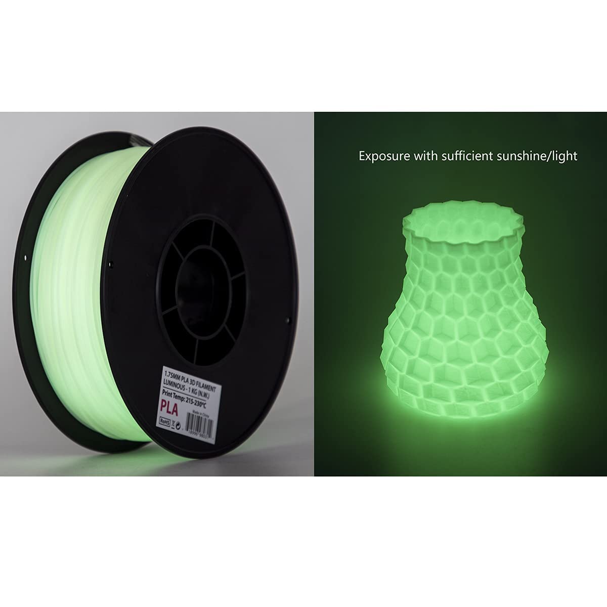 INLAND PLA Filament 1.75mm - Glow in The Dark Light Green PLA 3D Printer Filament, Dimensional Accuracy +/- 0.03mm - 1kg Cardboard Spool (2.2 lbs) – FDM 3D Printing INLAND