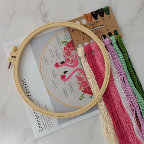 Esffaci Embroidery Starter Kit for Adult Beginner with Flamingo Plant Pattern Hand Embroidery Set with Embroidery Cloth Hoop Needles Colorful Floss and Instruction