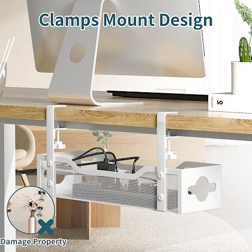 Under Desk Cable Management Tray No Drill, 13.38'' Metal Tray with Clamp for Wire Management, Litwaro Cord Organizer Home Office Damage to Standing Desk, White Litwaro