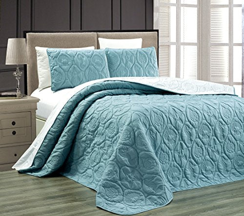 Grand Linen 3-Piece Tropical Coast Seashell Beach (California) Cal King Oversize Oversize Bedspread SPA Blue/White Reversible Coverlet Embossed Bed Cover Set. Sea Shells, Sea Horse, Starfish etc. Grand Linen