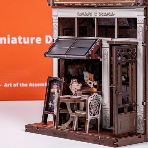 Book Nook Kit - DIY Miniature House Kit for Adults, Teens, and Kids, 3D Wooden Puzzles with LED Light, Dollhouse Craft Kit for Family and Friends, Great Gift Idea (Retro Coffee Shop)