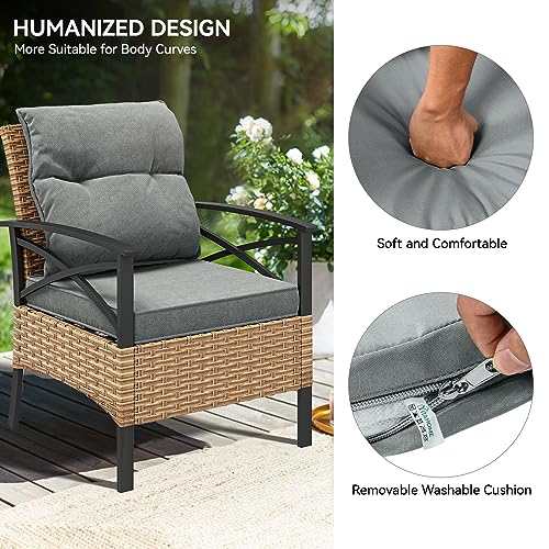 YITAHOME 4-Piece Patio Furniture Wicker Outdoor Bistro Set, All-Weather Rattan Conversation Loveseat Chairs for Backyard, Balcony and Deck with Soft Cushions and Metal Table (Light Brown+Gray) YITAHOME