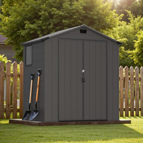 Greesum 6x4FT Plastic Outdoor Storage Shed with Floor, Resin Sheds with Lockable Double Door, Window & Vents, All-Weather Tool Sheds for Garden, Backyard, Patio, Dark Gray Greesum