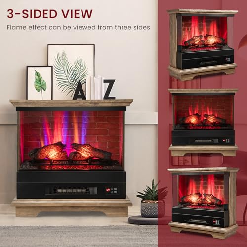 ORALNER 27” Electric Fireplace with Mantel, 3-Sided Glass View, Wooden Surround Firebox, Freestanding Fireplace Heater w/ 7 Flame Colors, Remote & 6H Timer, Overheat Protection, 1400W (Brown) ORALNER