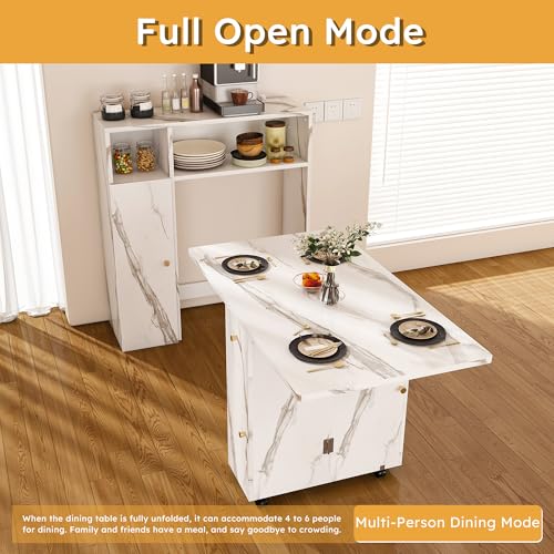 Montary Multifunctional Folding Dining Table with Wall-Mounted Sideboard & Storage for Small Apartments, Movable Kitchen End Table Extendable Dining Table Set for 2-6 People, White Montary