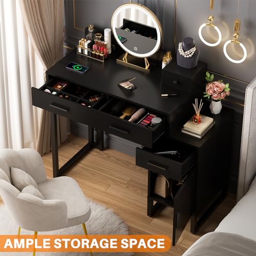 Vanity Desk with 4 Storage Drawers - Modern Makeup Vanity Table with Charging Station, Black Vanity Desk with Reversible Cabinet Dressing Table Set with Divided Organizers for Women Girls, Black Besiost