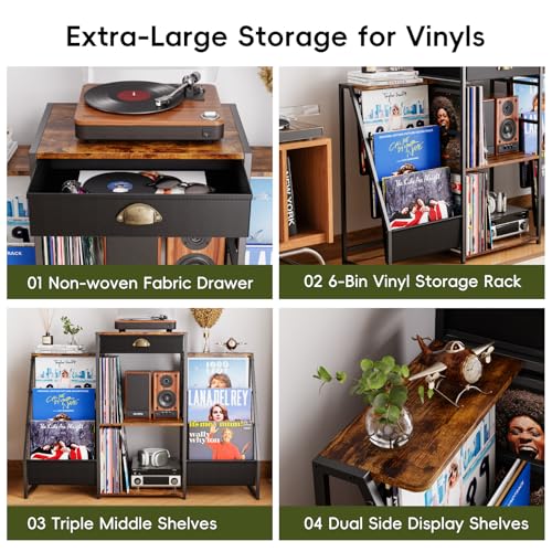 JunVpic Record Player Stand with Vinyl Storage – Record Table with Holder,6-Bin Vinyl Storage Rack & Drawer, Dual Side Display Shelves,Holds 200+ Albums,Turntable Stand for Living Room,Bedroom (Brown) JunVpic