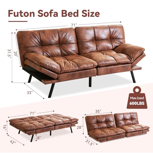 Erdoru Convertible Futon Sofa Bed,Faux Leather Futon Couch,Memory Foam Futons Bed,Small Splitback Modern Loveseat Sleeper Sofa for Living Room,Office,Apartment,Brown Erdoru