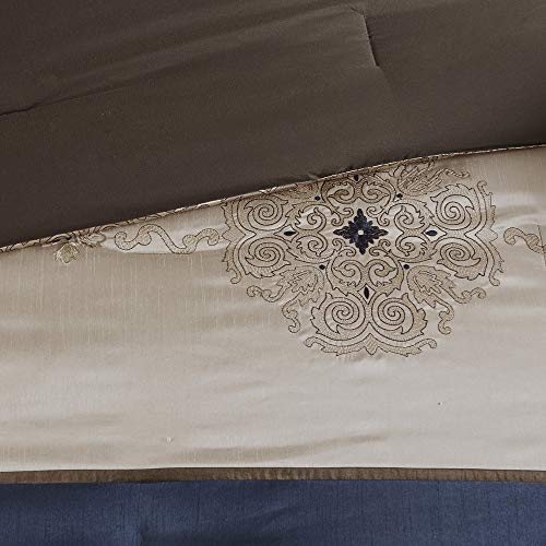 Madison Park Essentials Delaney 24-Piece Room In A Bag Comforter Set-Satin Jacquard All Season Luxury Bedding, Sheets, decorative pillows and Curtains, Valance, Cal King(104"x92"), Medallion Navy Madison Park