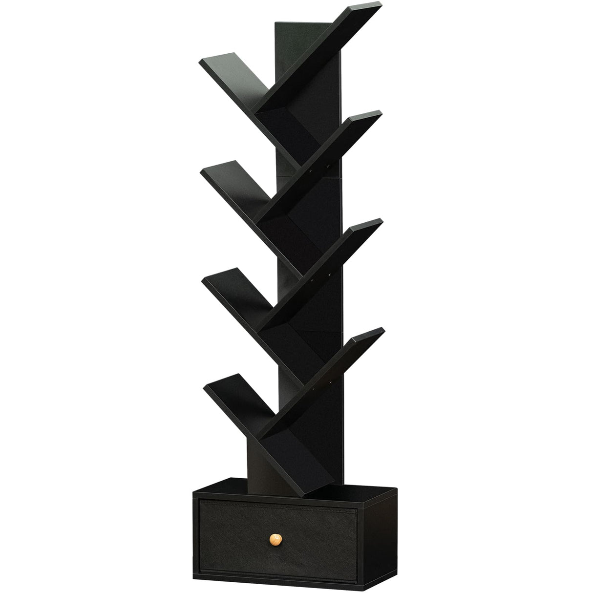 SHEEPAM 8-Tier Tree-Shaped Bookshelf with Drawer - Space-Saving Black Wood Bookcase for Home & Office SHEEPAM