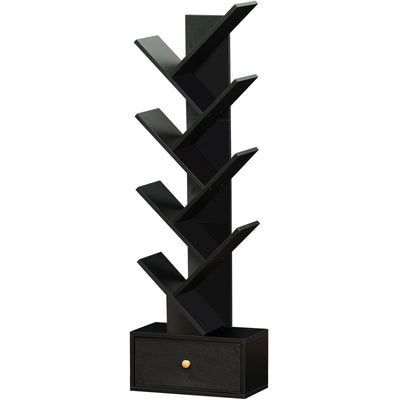 SHEEPAM 8-Tier Tree-Shaped Bookshelf with Drawer - Space-Saving Black Wood Bookcase for Home & Office
