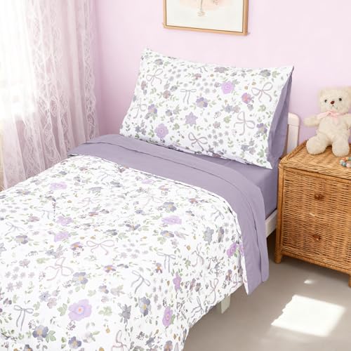 SWESEN Toddler Bedding Set for Girls, Purple Floral Toddler Girls Bedding Set, Soft & Lightweight 4 Piece Toddler Comforter Sets Include Comforter, Flat Sheet, Fitted Sheet, Pillowcase SWESEN