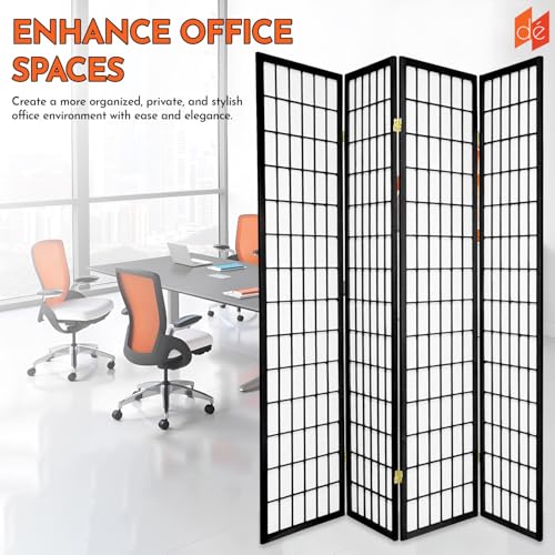 Legacy Decor 4-Panel Shoji Room Divider, Black, Real Wood Grid, Translucent Privacy Panels, 70″ W × 71″ H, Folding Screen Legacy Decor