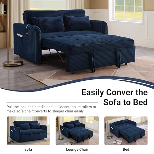 N NOORDENIYA 55.5" Corduroy Convertible Sofa Bed, Pull Out Sleeper Sofa Bed, Loveseat Couch with USB Charging Ports, 3 in 1 Convertible Sleeper Sofa Bed for Living Room, Apartment, Bedroom, RV, Blue N NOORDENIYA