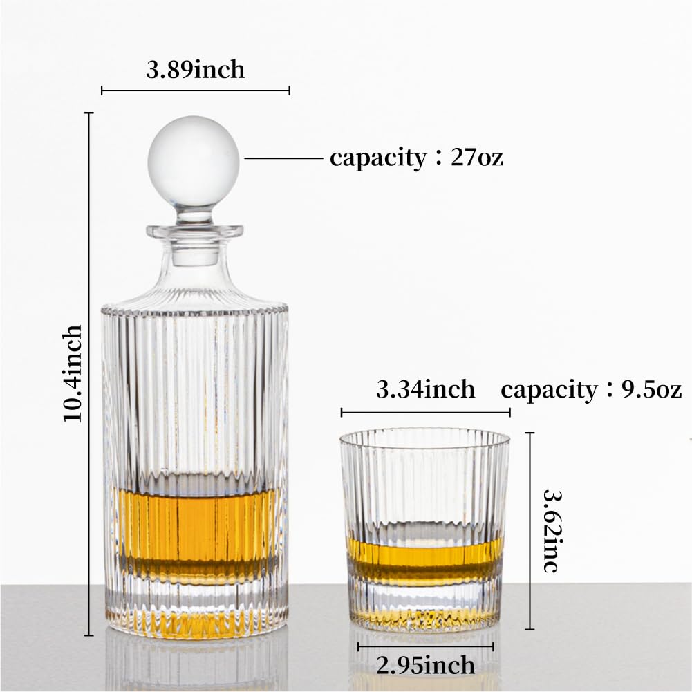 27Oz Whiskey Liquor Decanter Ribbed Set in Box,Decanter Set with 2 Glasses,Idea for Scotch Liquor,Whiskey Wine Decanter Suit for Men and Women Father Coworkers QUEEN&STONE LEAD FREE