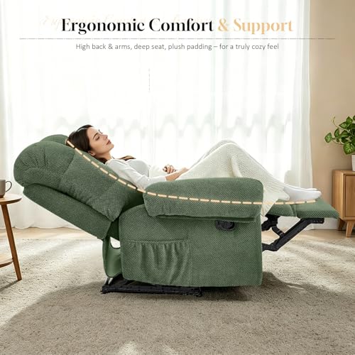 GEEVIVO Recliner Chair, Manual Armchair for Adults with Adjustable Push Back & Side Pocket Small Single Sofa Overstuffed Upholstered for Living Room, Bedroom, Home Theater, Green