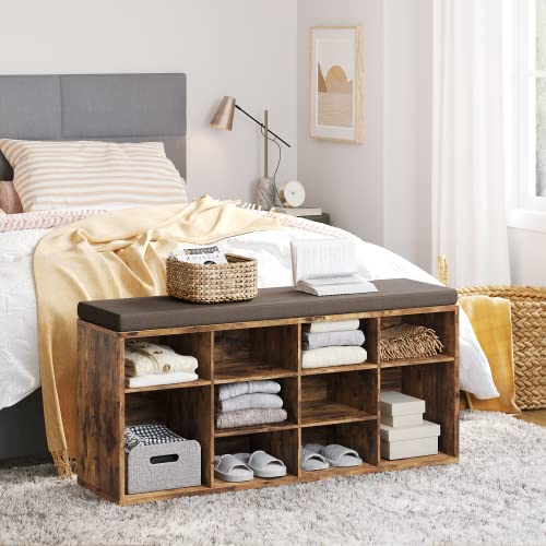 DINZI LVJ Shoe Storage Bench with Cushion, Cubby Shoe Rack with 12 Cubbies, Adjustable Shelves, Multifunctional Shoe Organizer Bench for Entryway, Mudroom, Hallway, Closet and Garage, Rustic Brown DINZI LVJ