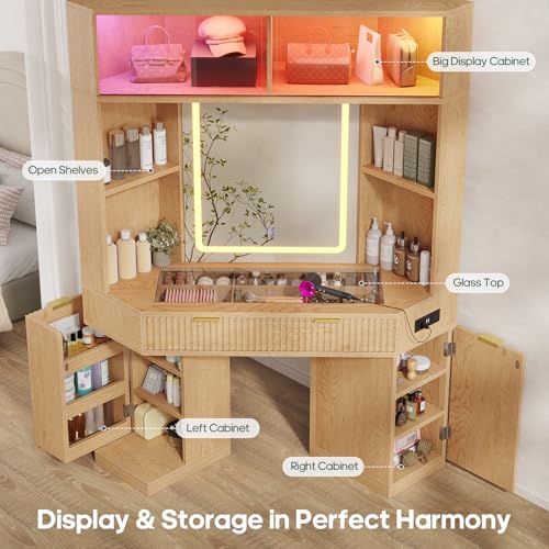 HAUOMS Corner Vanity, with Bag Showcase, LED Lights, Fluted Wood Luxury Makeup Vanity Desk with Mirror, Big Dressing Table with Glass Top, Cabinets, Shelves, Drawers, Charging Station (Oak) HAUOMS