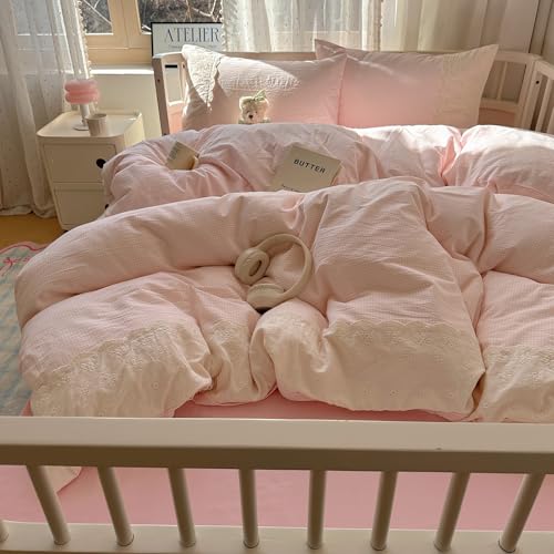 VM VOUGEMARKET Pink Full Duvet Cover Set 3 Pieces Lace Bedding Set Simple Cozy Plaid Checkered Comforter Cover with Zipper Ties for Teen Girls VM VOUGEMARKET