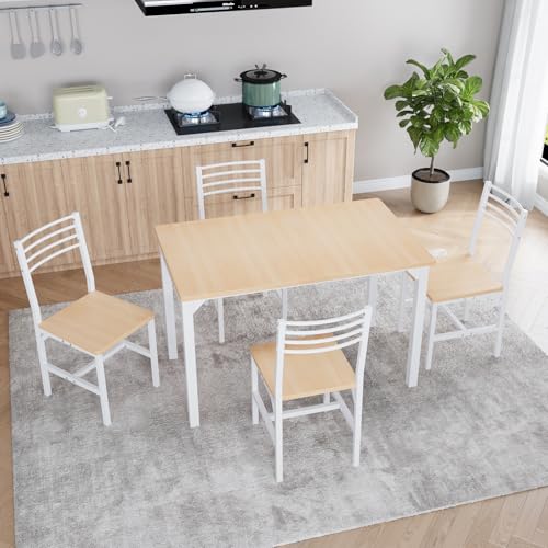 VOWNER 63” Extendable Dining Table Set for 4-6 People, 5-Piece Dining Table Set for 4 People with 4 Chairs, Kitchen Table Set with MDF Board and Metal Frame, for Small Space, Apartment, Nature Wood VOWNER