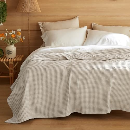 Bedsure 100% Cotton King Size Blanket for Spring Summer, Ultra Soft Waffle Weave King Blanket for Bed, Thin Lightweight Breathable Bedding Gifts for Women, Men, Teens, Linen Beige, 108" x 90" Bedsure