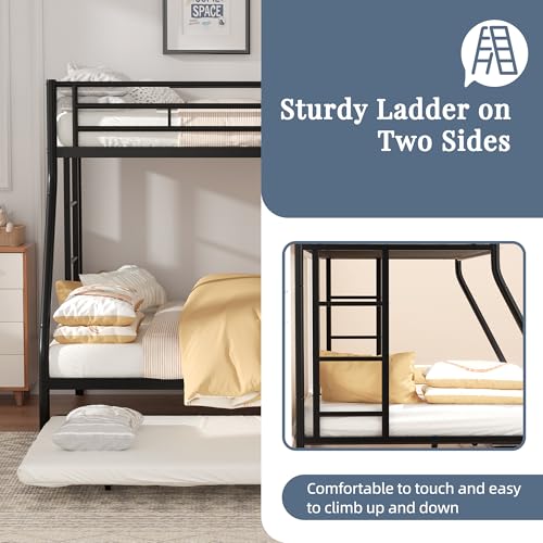 Shintenchi Bunk Bed Twin Over Full Size with Trundle, Heavy-Duty Twin&Full Frame with Full-Length Guardrail and Two Ladders, Triple for Kids, Teens and Adults, Space-Saving, Black Shintenchi