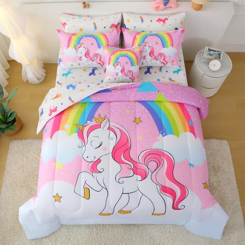 JQinHome Unicorn Full Bedding Sets for Girls Kids,8 Piece Bed in A Bag 3D Pink Sky Rainbow Clouds Theme Unicorn Comforter Set with Sheet Set(Pink Purple) JQinHome