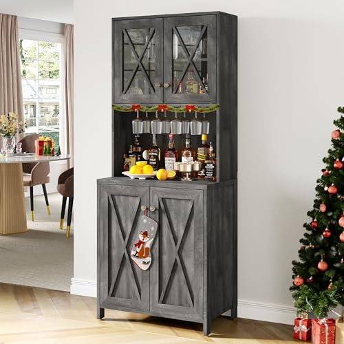YITAHOME Farmhouse Bar Cabinet, 67" Tall Wine Bar Cabinet with for Wine Glass Rack, Home Bar Cabinet with Open Storage Shelves & Glass Doors for Living Room, Hallway, Charcoal Grey YITAHOME