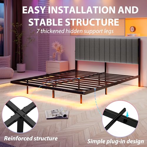 JUISSANO Floating Full Bed Frame with LED Lights & Charging Station,Metal Platform Bed Frame Full Size with Upholstered Headboard,No Box Spring Needed,Heavy Duty Steel Slats,Easy to Assemble No Noise JUISSANO