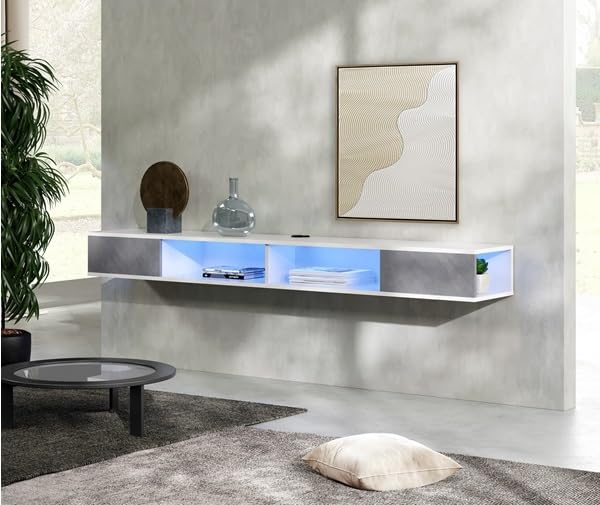 WAMPAT 70 inch Floating TV Console for 75 inch, Floating Entertainment Center Wall Mounted for Under TV, Floating TV Shelf for Living Room, White & Gray WAMPAT