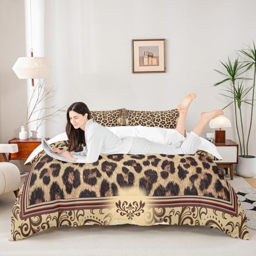 Brown Leopard Print Duvet Cover Set King Size,Kids Girls Woman Novelty Room Decor,Abstract Wild Animal Skin Comforter Cover,Paisley Floral Boho Bedding Set,Rustic Retro Quilt Cover,2 Pillowcases Homewish