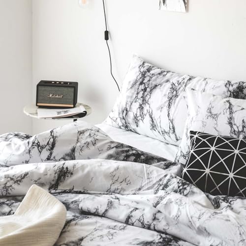 Wake In Cloud - Marble Comforter Set, Neutral Modern Aesthetic for Men Women, Soft Lightweight Bedding, 3 Pieces, Black White, California King Size Wake In Cloud