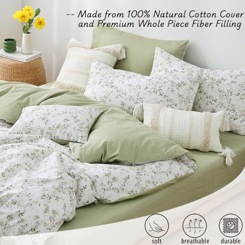 LEMIROE Botanical Cotton Comforter Queen Size - Tender Green Comforter Printed with Leafy Branches & Purple Stamens on Off-White,Reversible Lightweight Bedding Sets 3Pcs LEMIROE