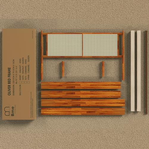 Oliver Queen Size Bed Frame - 15-Inch Mid Century Design with Rattan Headboard, Bohemian Style, No Box Spring Needed, Easy Assembly in Caramel Bme