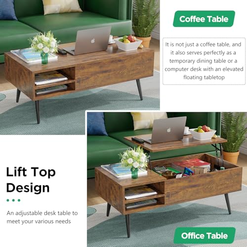 PayLessHere Lift Top Coffee Table with Adjustable Storage and Hidden Compartment Small Wood Coffee Table Center Table for Home Living Room Office Apartment Reception Room,Brown PayLessHere