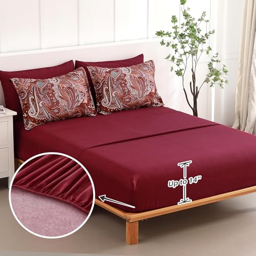 DJY Red Paisley Comforter Set Queen Size, 7 Piece Bed in a Bag Boho Paisley Pattern Comforter Set, Soft Lightweight Microfiber Reversible Bedding Set for All Season (90''x90'') DJY