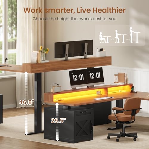 SEDETA Farmhouse L Shaped Standing Desk, 71" x 73" Height Adjustable Home Office Executive Desk with Drawers, Power Outlet, Monitor Stand, Sit Stand Table with Led Lights for Home Office, Black SEDETA