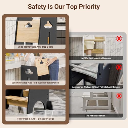 COSYLAND Toddler Standing Tower Adjustable Height - Super Stable Toddler Kitchen Stool Helper - 3 Levels Adjustable Wooden Toddler Kitchen Stool (Natural & Dark Gray) COSYLAND