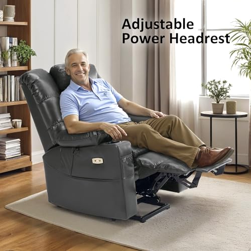 MCombo Big Man Power Lay Flat Lift Chair, Oversized Triple Motor Power Lift Recliner with Massage & Dual Heating, Adjustable Headrest, Faux Leather R7635 (Dark Grey, Large-Oversize)