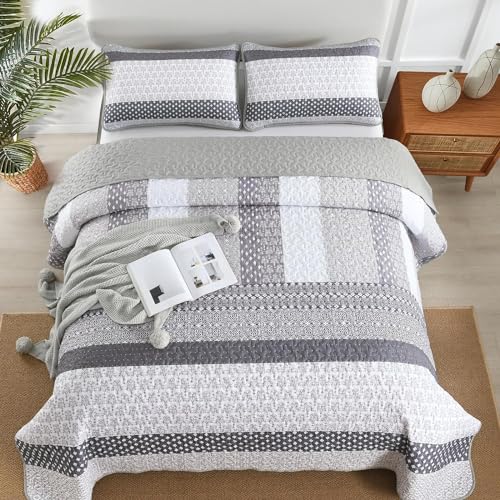 WONGS BEDDING Grey Quilt King Size, Bohemian Stripe Quilt Sets 3 Pieces Boho Quilted Bedspread Set Lightweight Microfiber Coverlet Bedding Set All Season (104"x90") WONGS BEDDING