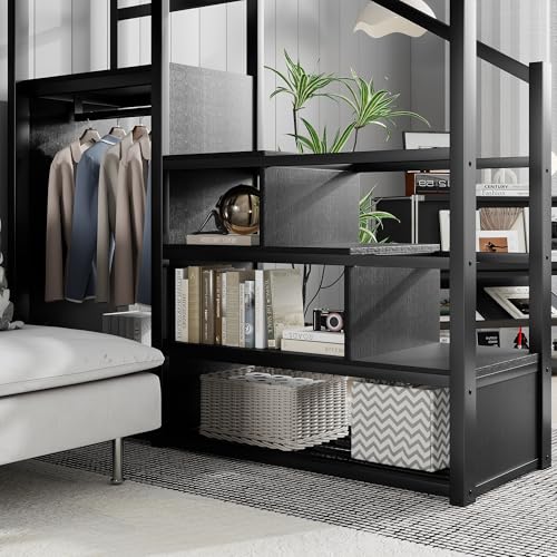 KEIKI Queen Size Metal Loft Bed Frame with Convertible Staircase, Built-in Storage Shelves and Wardrobe, Loft Bed with Solid Slats, Guardrail, No Box Spring Required, Easy Assembly, for Bedroom, Black KEIKI