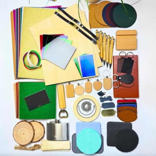 Mroy mio 135 PCS Laser Engraving Material Kit, 27 Kinds Laser Engraver Blanks for Laser Crafting, Includes Wood, Acrylic, Fabric, Rock, PU Leather, Diatom Mud Materials Mroy mio