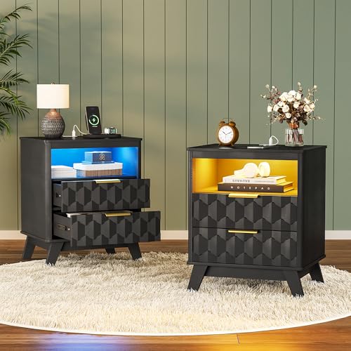 Gurexl 3-Color LED Night Stands Set of 2, Modern Nightstand with Charging Station&Human Body Sensing, 2-Drawer Wood Bedside Table for Bedroom,Black Gurexl